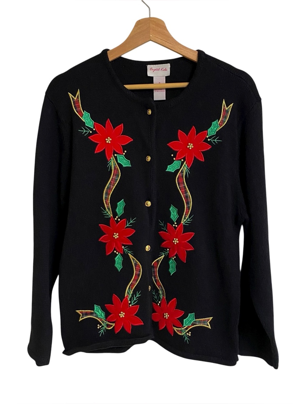 Vintage black red Christmas poinsettias embroidered grandma cardigan sweater M